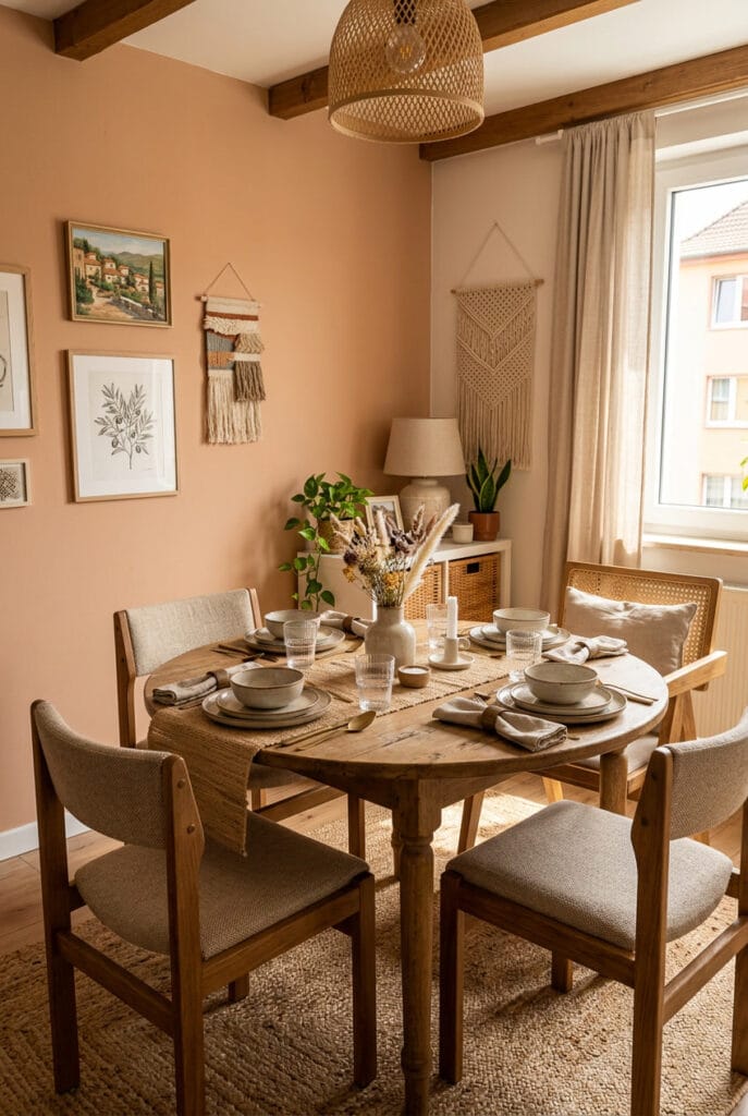 Salle à manger avec textures douces sur les chaises tapis discret et chemin de table en fibres naturelles