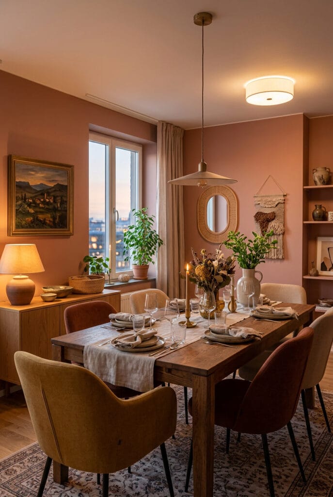 Salle à manger aux nuances chaudes poudrées et terreuses pour une sensation de confort immédiat