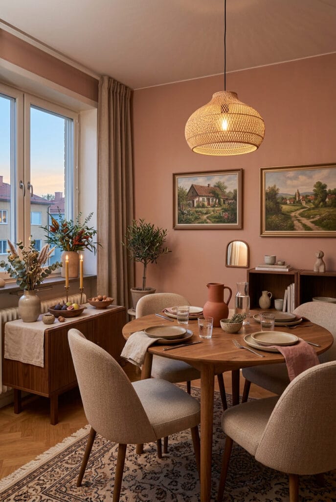 Salle à manger avec palette cohérente de deux à trois tons et contrastes subtils pour une harmonie visuelle