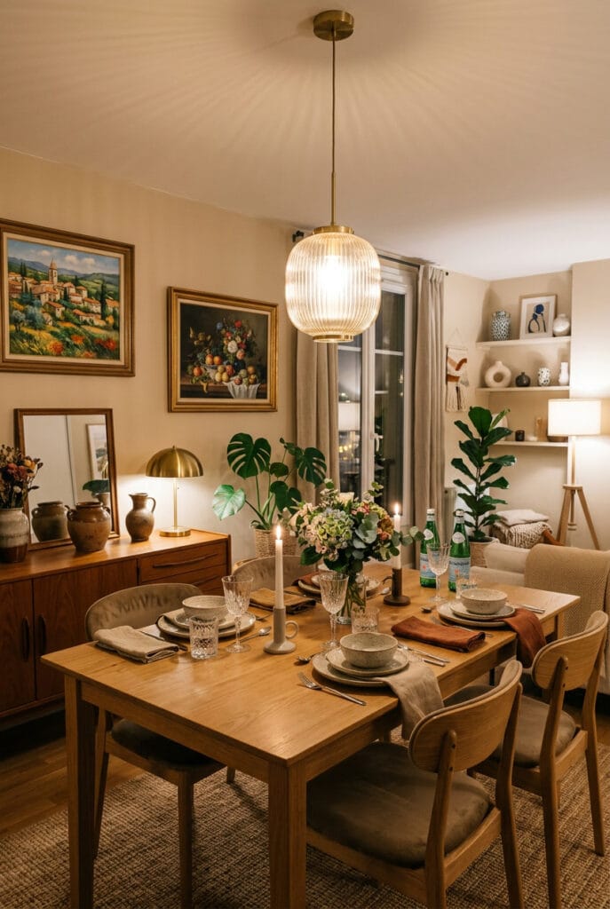 Suspension au-dessus de la table de salle à manger créant un point focal décoratif et structurant l'espace