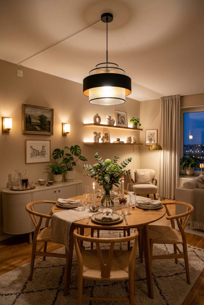 Salle à manger avec plusieurs sources lumineuses appliques murales et éclairages indirects pour une ambiance douce et conviviale