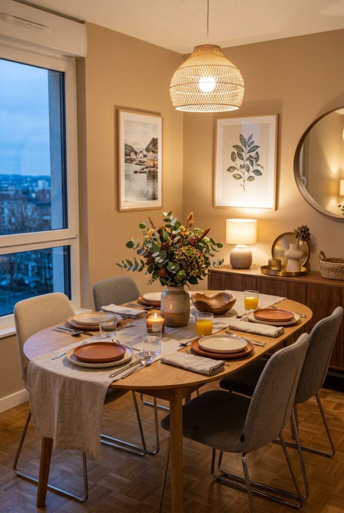 Salle à manger avec accessoires décoratifs bien choisis pour une atmosphère chaleureuse et équilibrée