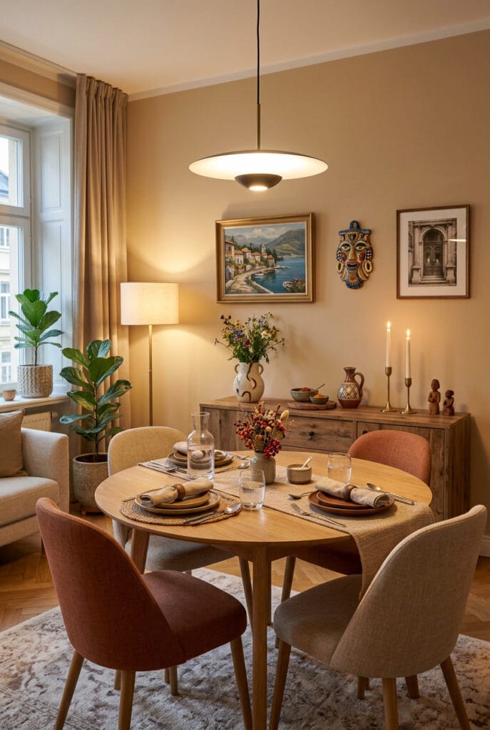 Salle à manger personnalisée avec objets chinés souvenirs de voyage et pièces artisanales pour un espace chargé d'histoire