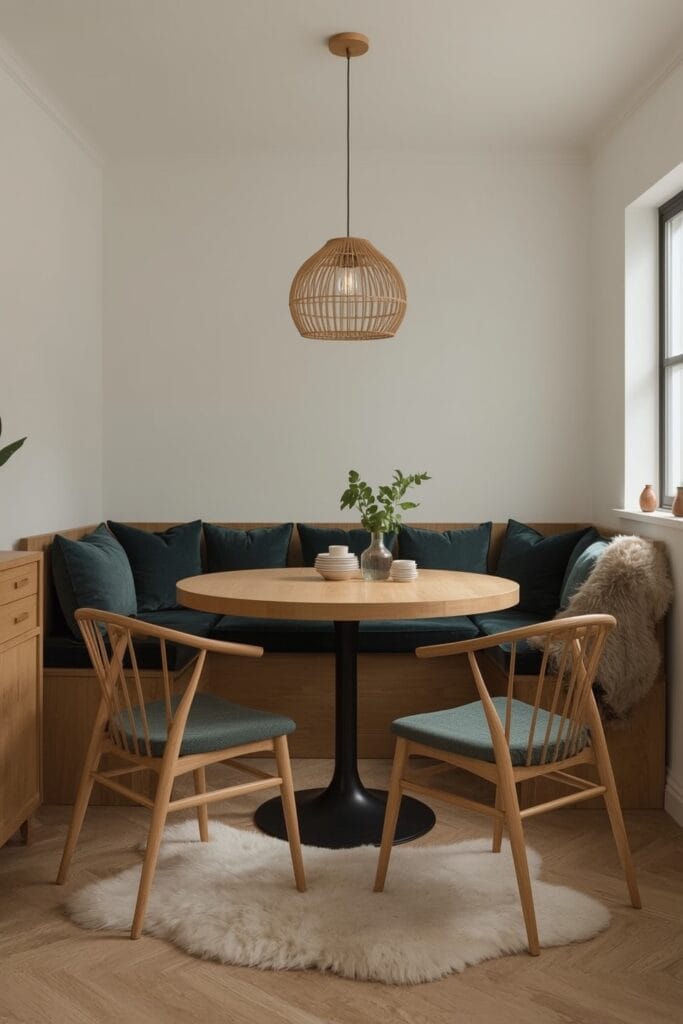 Salle à manger moderne cosy de taille moyenne avec table ovale, banquette intégrée et mélange d'assises.