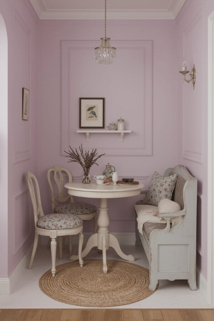 Petit coin salle à manger shabby chic avec table ronde blanche, chaises Louis XV et banc rustique.