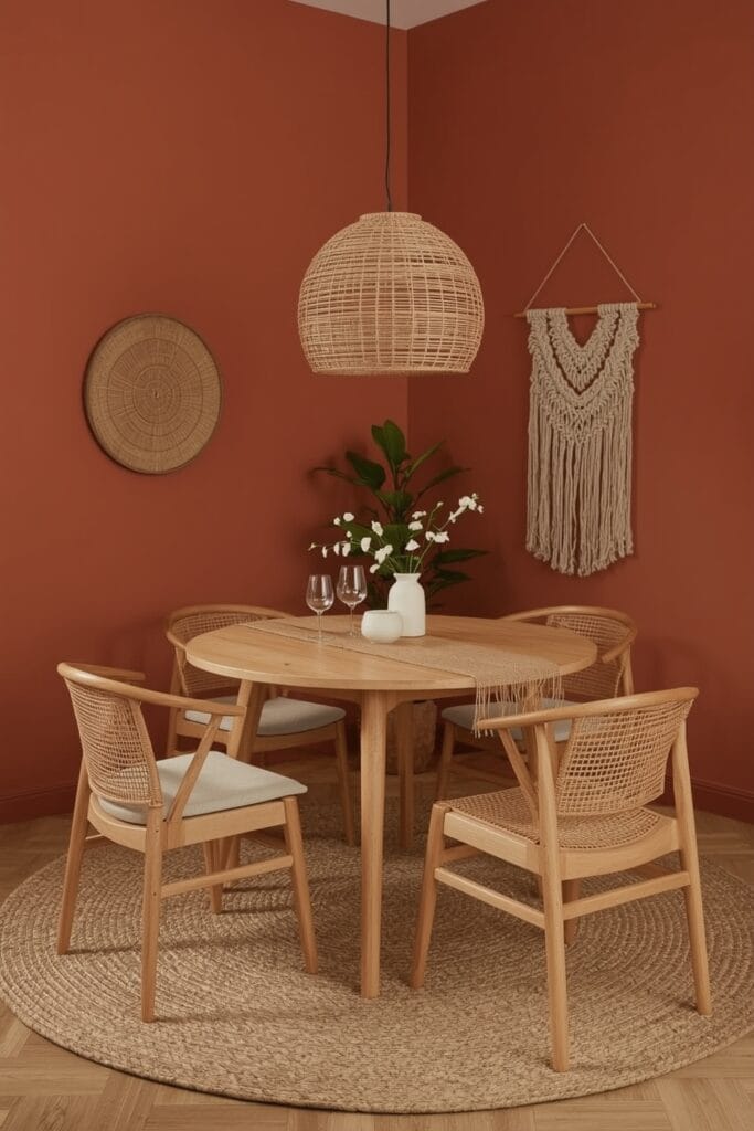 Salle à manger bohème chic en appartement avec table ronde familiale en chêne et mix de 4 chaises et un tabouret.