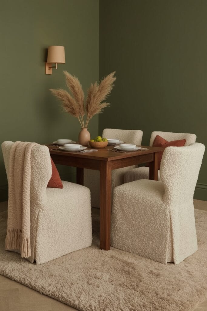 Coin salle à manger cocooning en appartement avec table rectangulaire familiale en noyer et 5 chaises en bouclé crème.