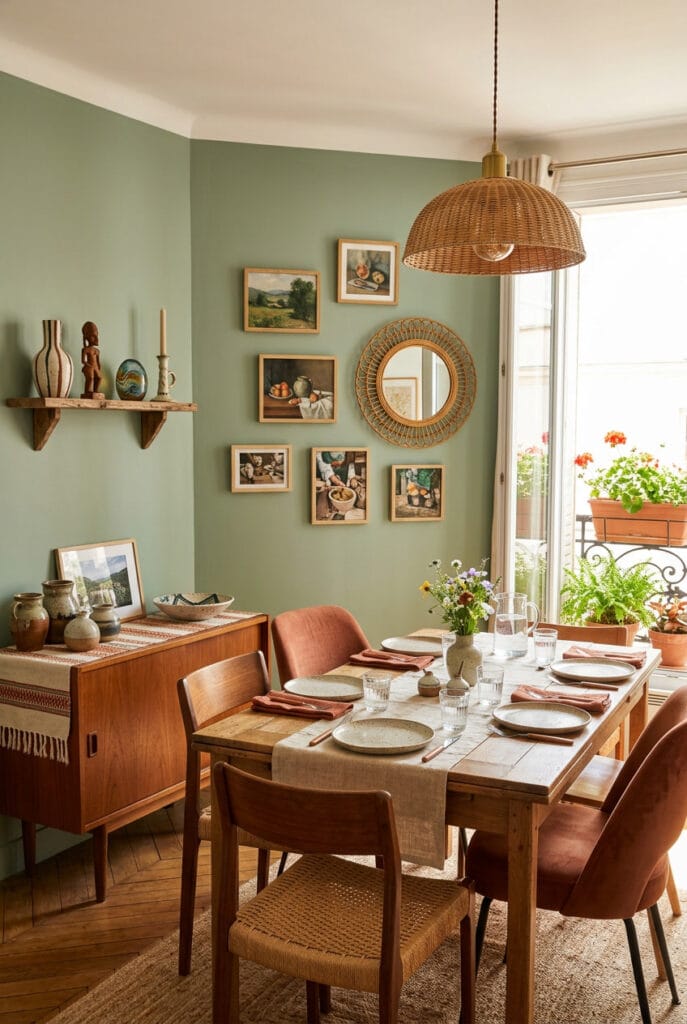 Salle à manger personnalisée avec alternance d'objets décoratifs et zones sobres pour une harmonie visuelle équilibrée