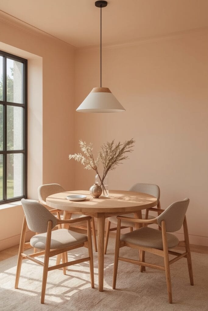Salle à manger aux murs pêche poudré et table ronde familiale, avec une palette douce et cohérente rehaussée de touches terre cuite.