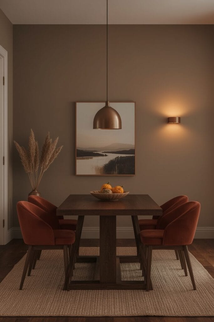 Salle à manger aux murs taupe profond avec grande table rectangulaire en noyer, palette terreuse et éclairage chaud.