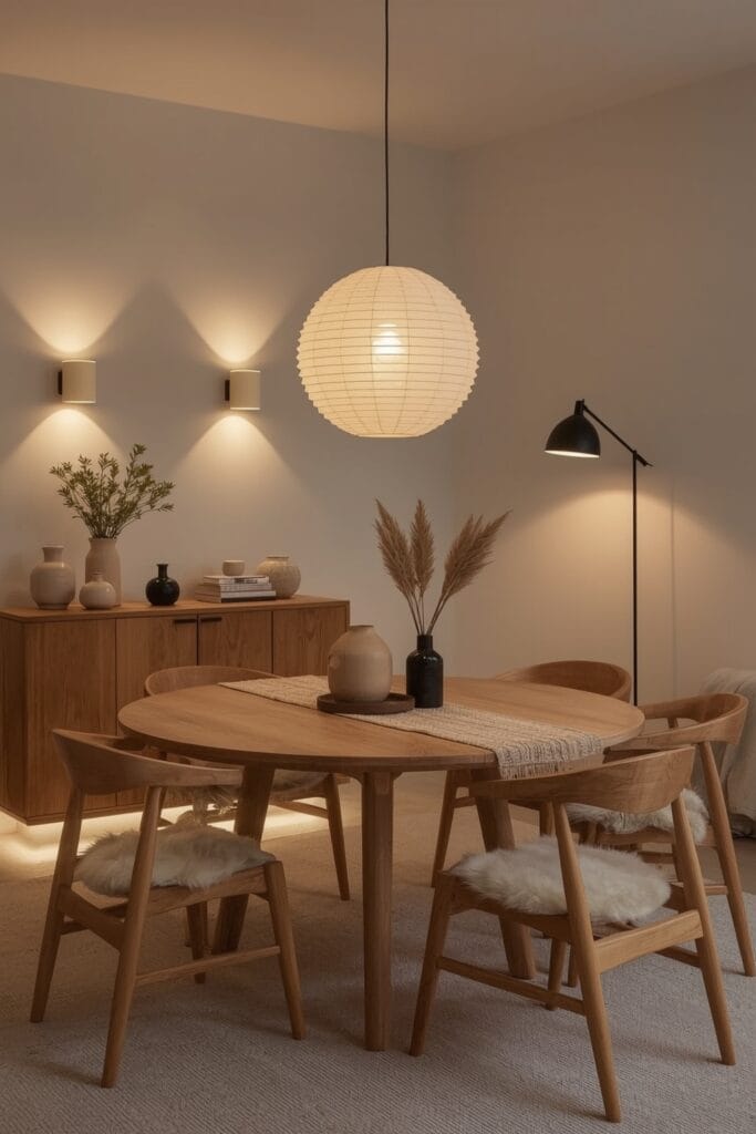 Salle à manger éclairée en soirée, style scandinave, avec suspension en papier, appliques murales et lumière d'appoint mettant en valeur un buffet.