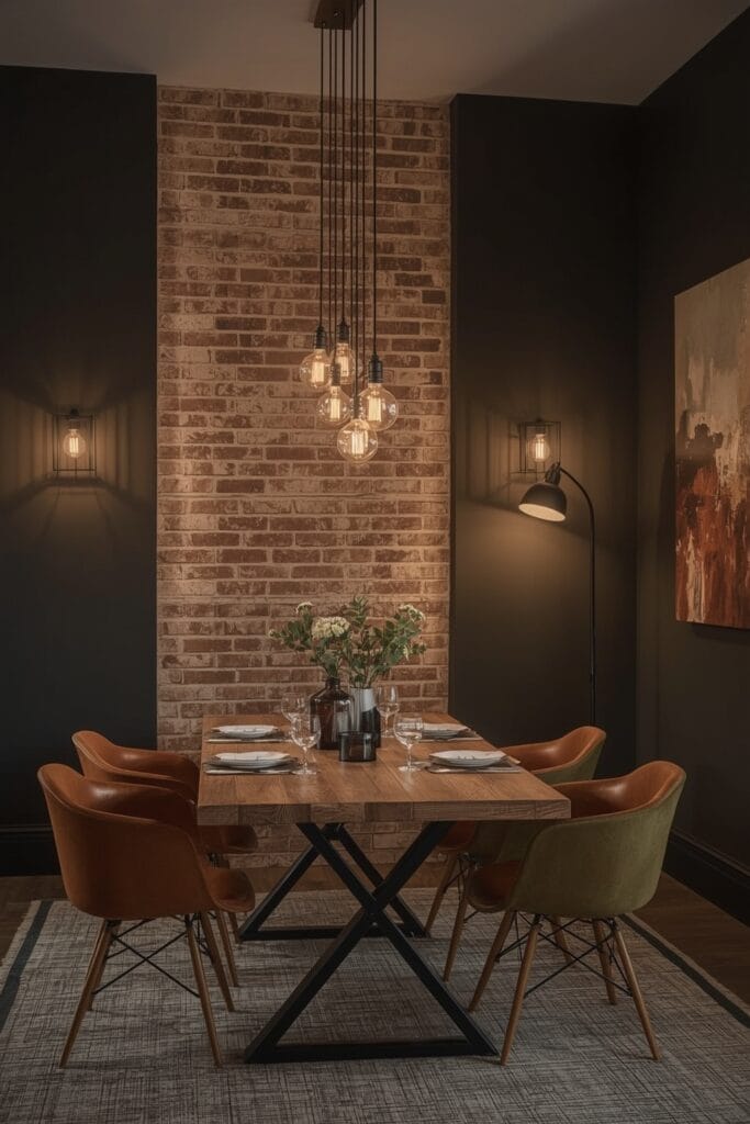 Salle à manger éclairée en soirée, style industriel chic, avec suspension linéaire à ampoules visibles, appliques en cage et spot directionnel.
