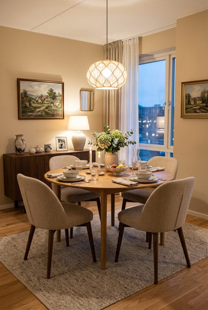 Salle à manger avec passages dégagés autour de la table pour une circulation fluide et confortable
