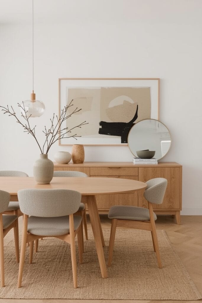 Salle à manger moderne organique aux détails soignés : vase, miroir, composition murale textile et variété de hauteurs.