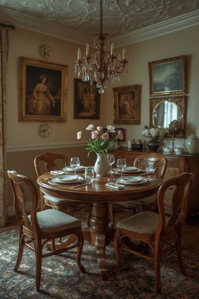 Salle à manger romantique cottage aux accessoires choisis : composition sur étagère, miroir, vaisselle et galerie de cadres.