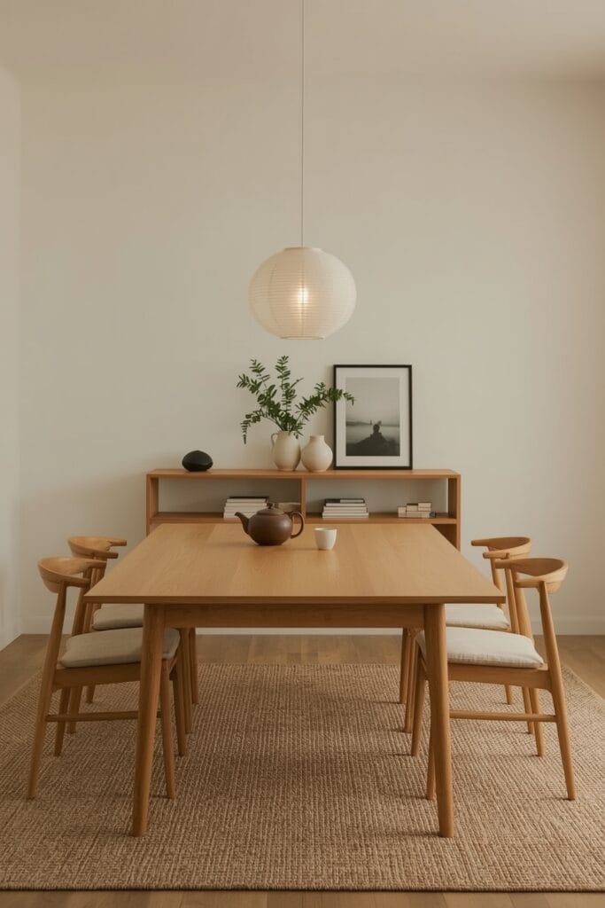 Salle à manger Japandi au crépuscule, avec objets personnels artisanaux, composition épurée sur étagère et lumière douce.