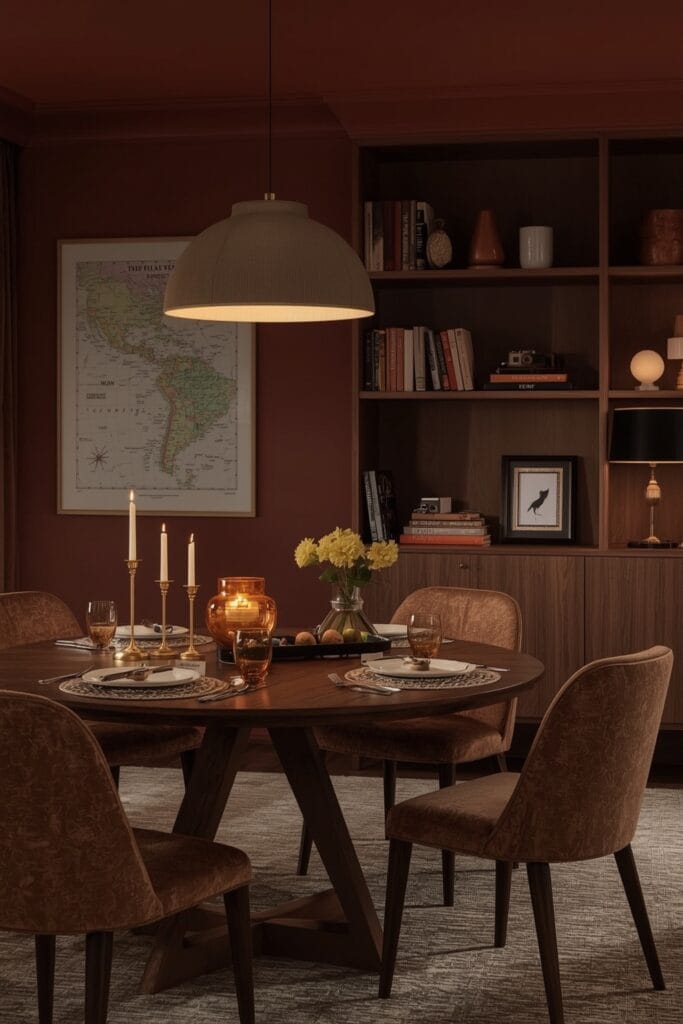 Salle à manger cocooning au crépuscule, avec collection d'objets anciens, carte vintage et éclairage superposé chaleureux.