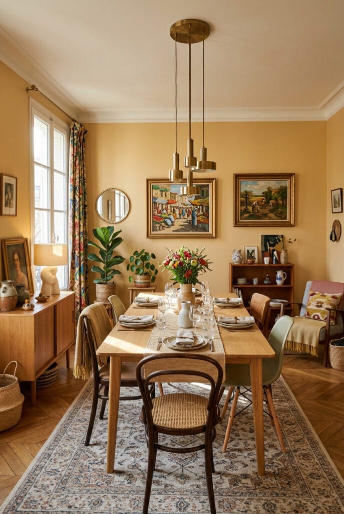 Salle à manger rectangulaire avec table allongée bien implantée pour une harmonie visuelle optimale