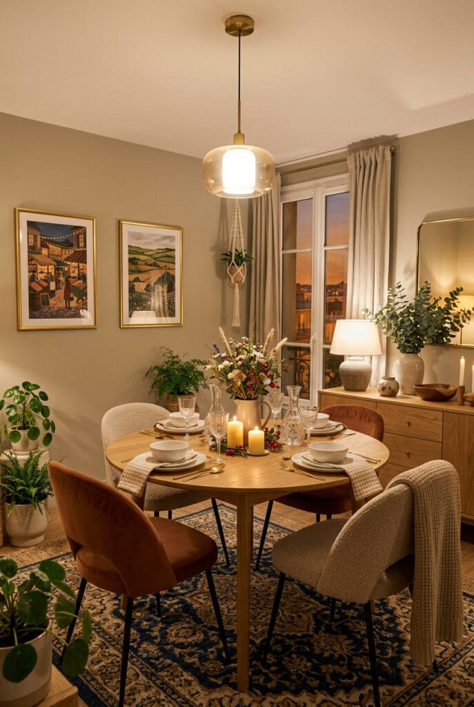 Salle à manger carrée avec table ronde pour une ambiance conviviale et des lignes adoucies