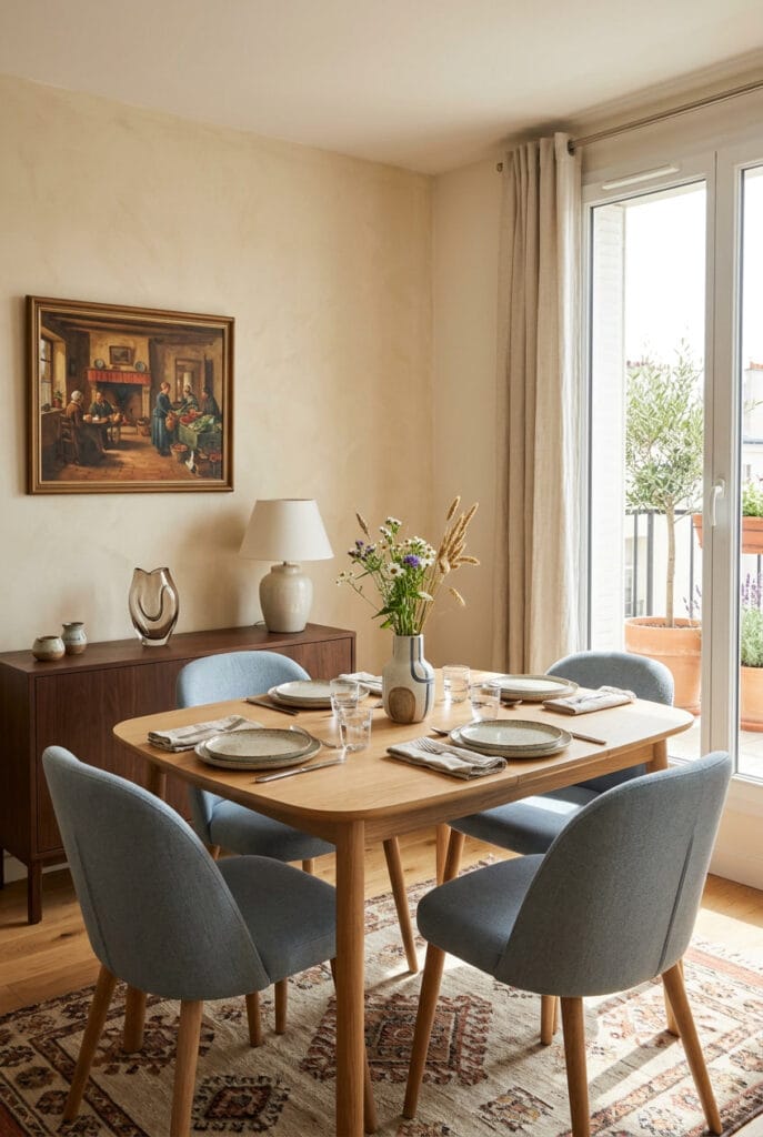 Salle à manger avec table extensible proportionnée et bien positionnée près d'une source de lumière naturelle