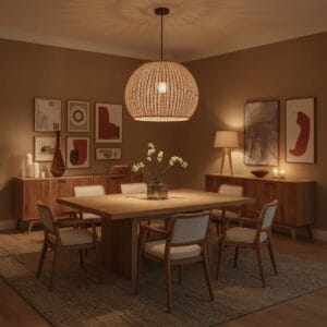 Salle a manger cosy au crépuscule avec éclairage tamisé, suspension en rotin, galerie murale d'art abstrait et ambiance chaleureuse.