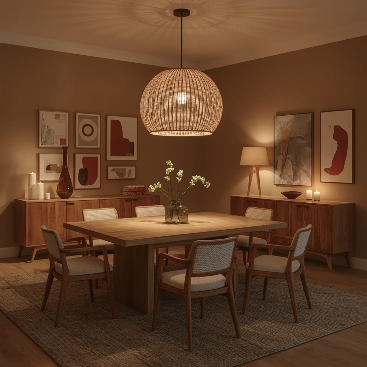 Salle a manger cosy au crépuscule avec éclairage tamisé, suspension en rotin, galerie murale d'art abstrait et ambiance chaleureuse.