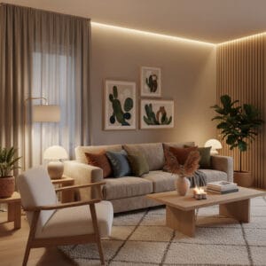 Salon Cocooning chic aux tons chauds, textures douces et éclairage feutré