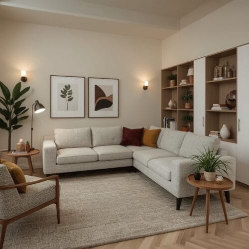 Aménagement Salon moderne avec canapé d'angle, rangements muraux et décorations abstraites dans un appartement cosy.