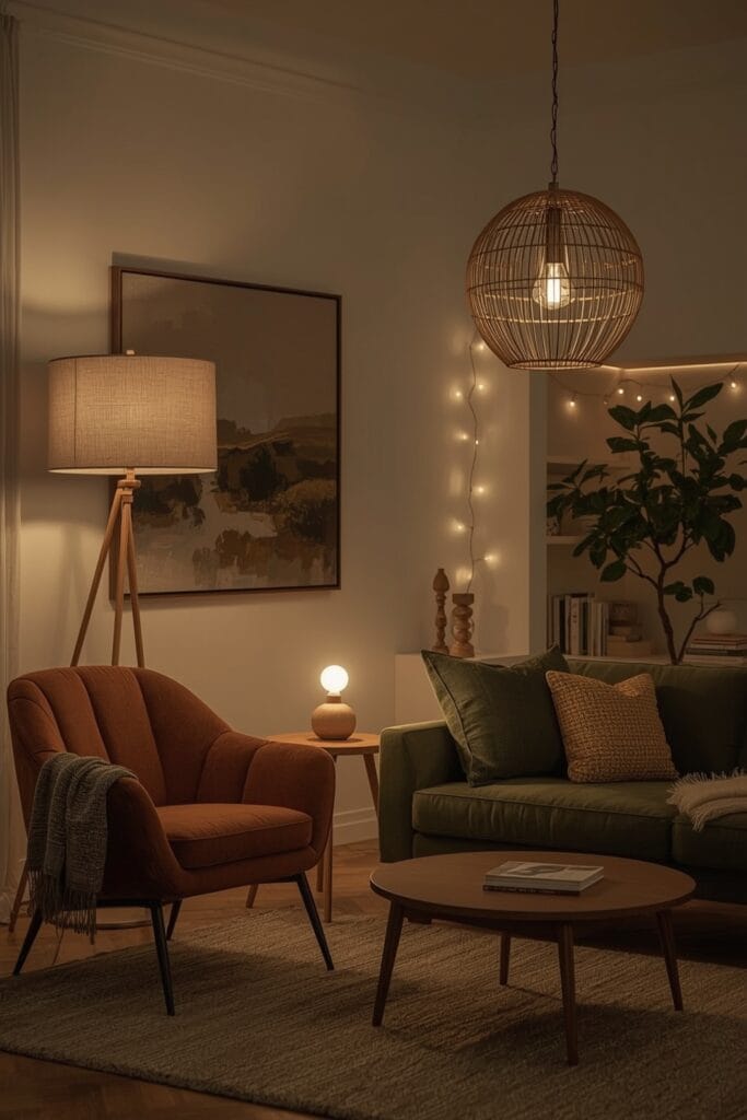 Un salon bohème moderne cosy avec accumulation de lampes basses, suspension en rotin et guirlandes, créant une atmosphère feutrée - Tendance Deco.