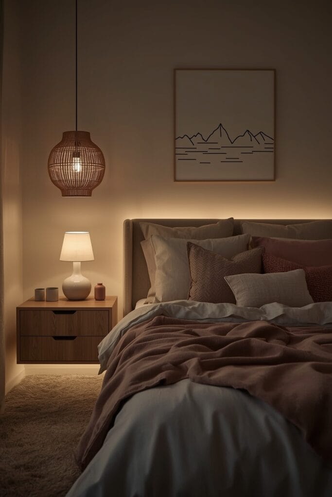 Une chambre scandinave cosy avec plusieurs sources de lumière basses pour une ambiance intime et feutrée - Tendance Deco.