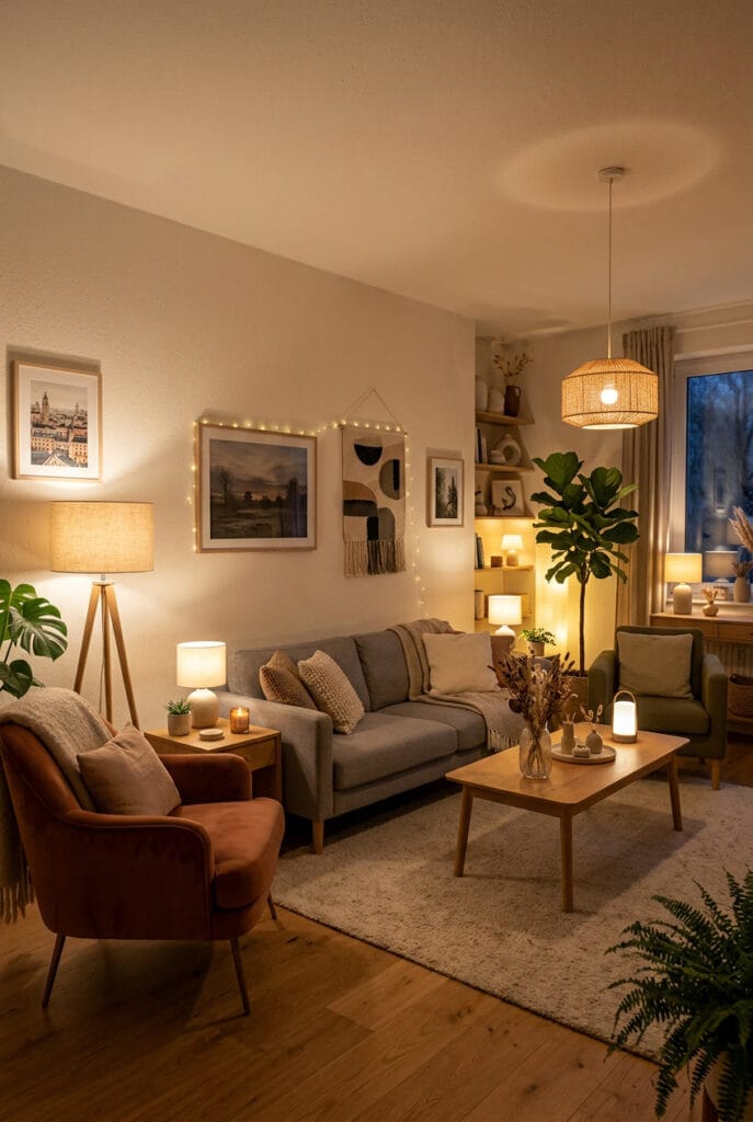 Salon cosy avec plusieurs sources lumineuses basses, lampes d'ambiance tamisées et atmosphère feutrée tendance deco