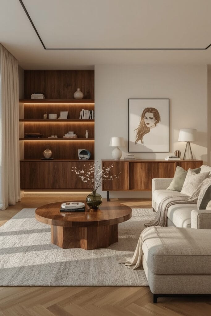 Salon contemporain avec bois foncé et noyer, Tendance Deco chaleureuse et élégante