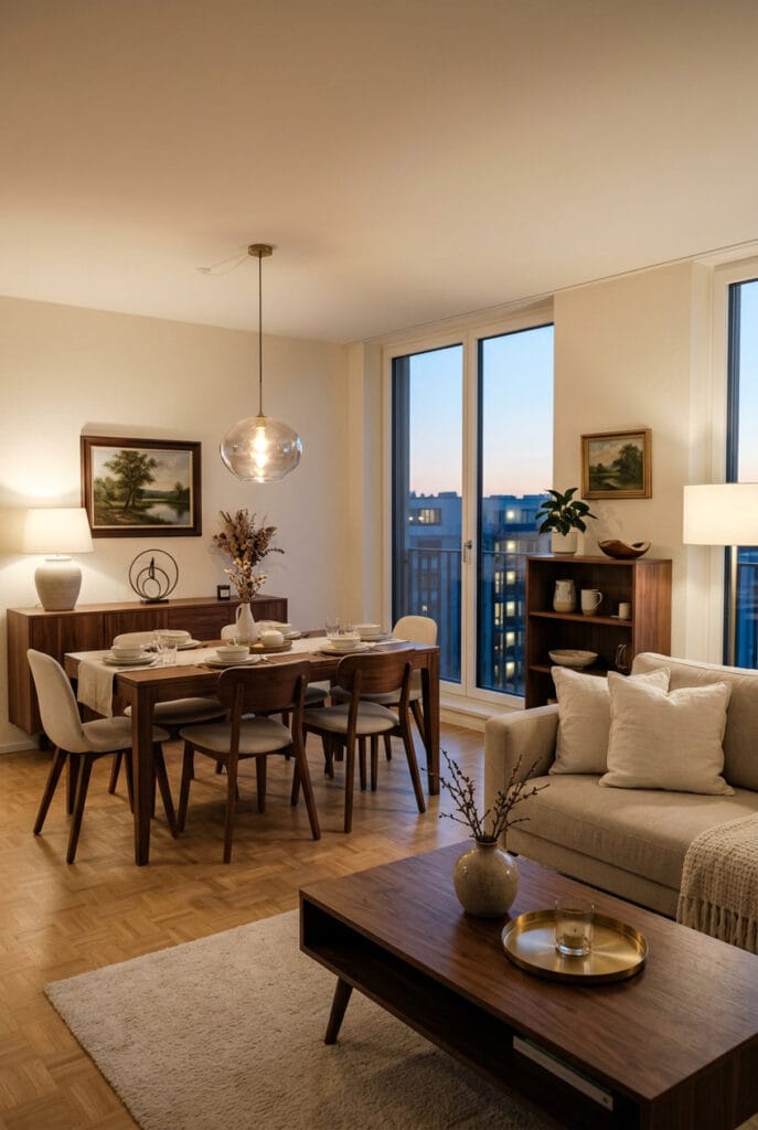 Intérieur contemporain avec mobilier en bois foncé et noyer contrastant avec des murs clairs et textiles lumineux, tendance deco chaleureuse