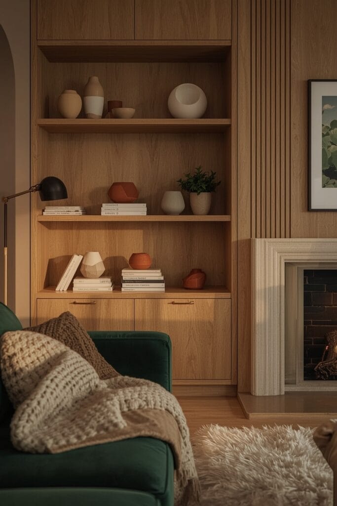 Collection de céramiques artisanales irrégulières intégrée dans un salon cocooning moderne aux tons chaleureux - Tendance Deco