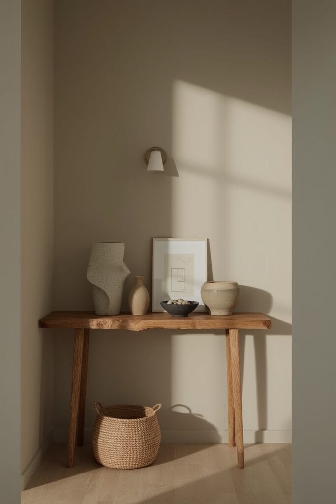 Couloir cocooning au style Japandi avec une console en chêne et un ensemble de céramiques artisanales sculpturales - Tendance Deco