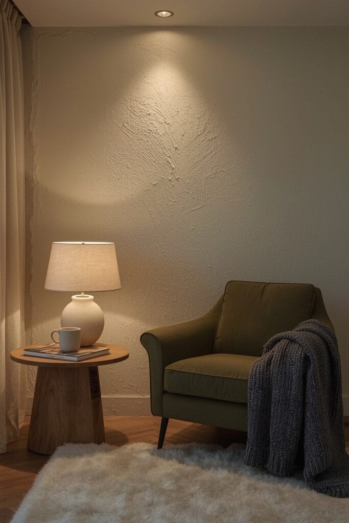 Coin salon cocooning avec un mur texturé à la chaux éclairé par une lumière douce, mettant en valeur un fauteuil en bouclé et des matières naturelles - Tendance Deco