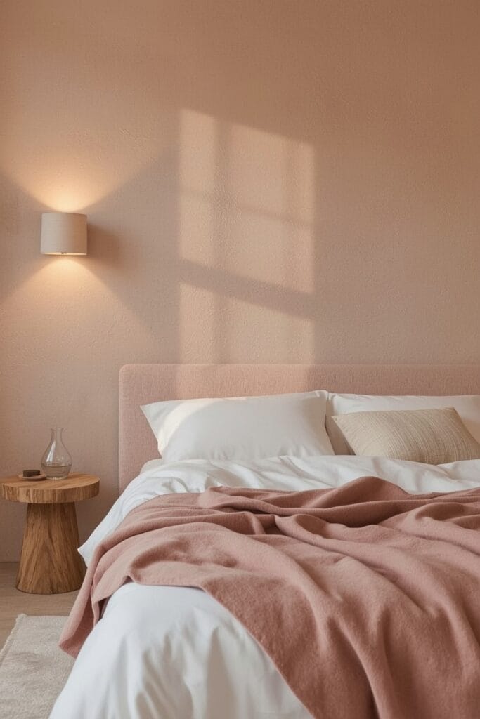 Tête de lit cocooning avec un mur en enduit minéral texturé rose-beige, mis en valeur par des appliques murales en lin - Tendance Deco