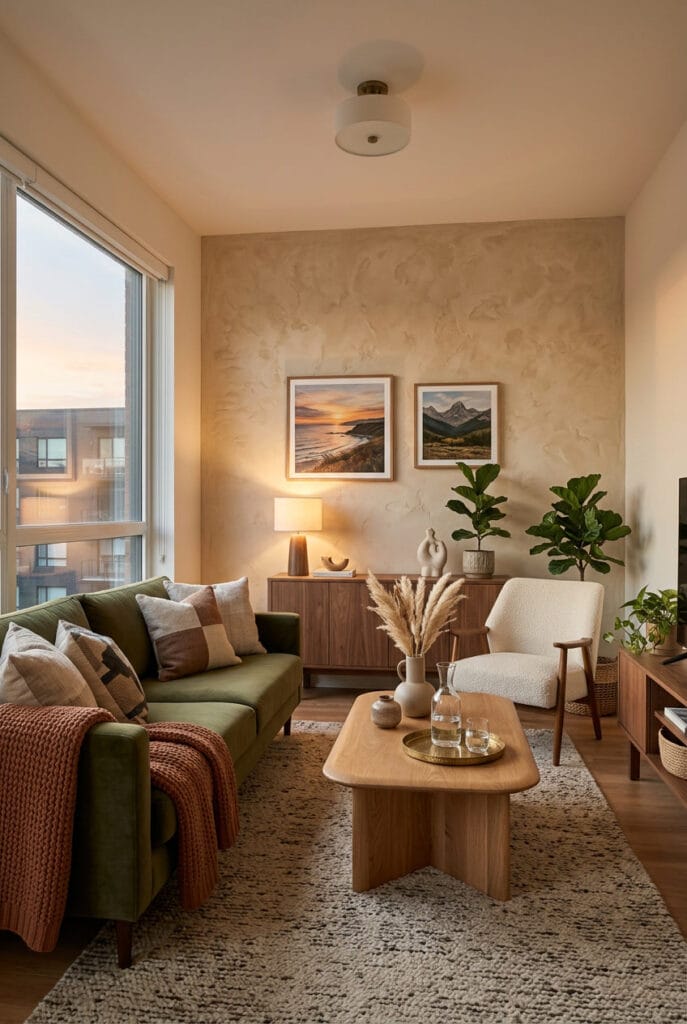 Mur texturé à la chaux dans un intérieur cosy aux tons neutres, tendance deco naturelle et élégante
