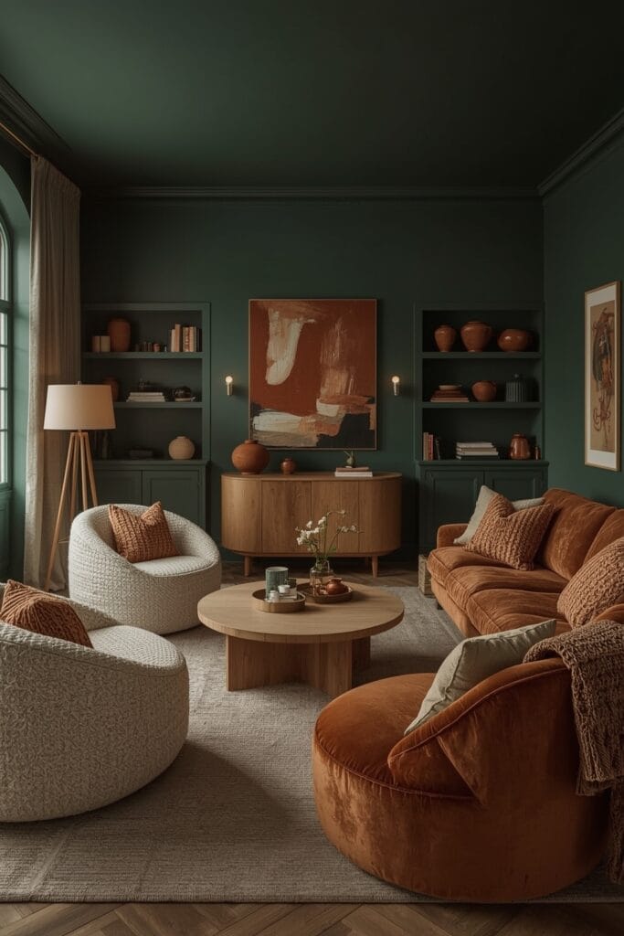 Petit salon cocooning plein de déco, avec des murs vert forêt et des meubles aux formes très arrondies - Tendance Deco