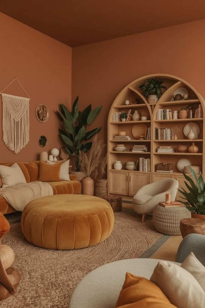 Coin salon boho ultra cosy aux murs terracotta, avec des meubles très arrondis et une déco abondante - Tendance Deco