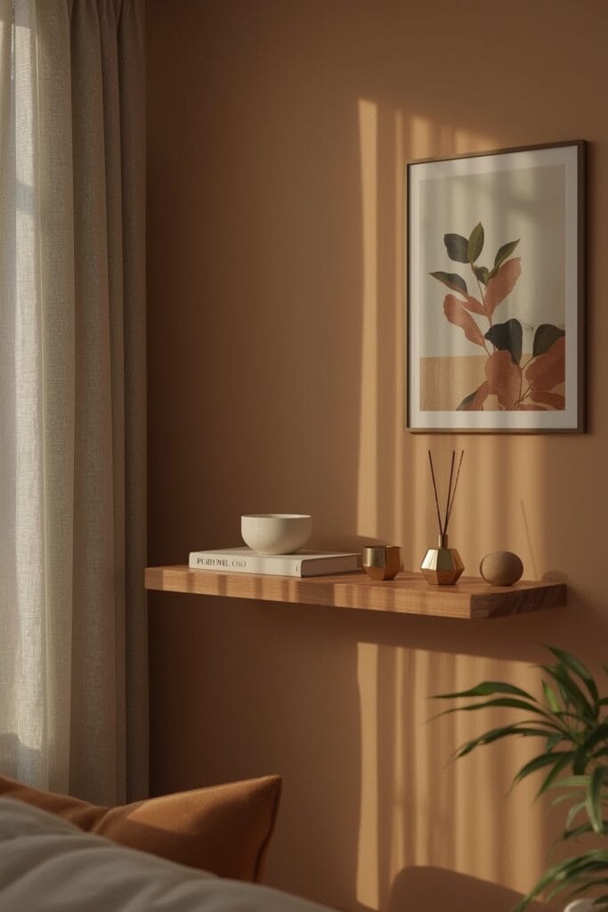 Tendance Deco : Composition d'objets personnels sur une étagère dans un salon aux murs terracotta.