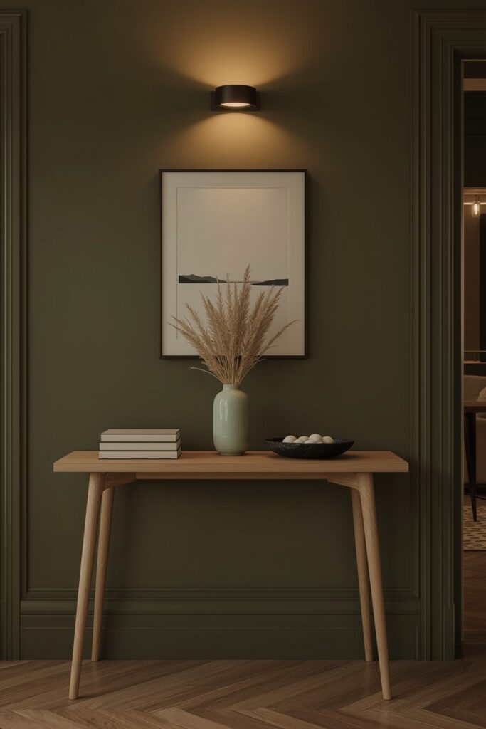Tendance Deco : Mise en scène d'objets sur une console dans un couloir aux murs vert olive.