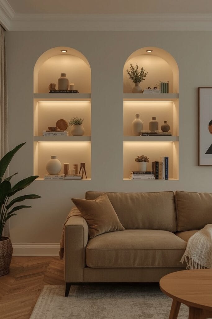 Niches murales chaleureuses et élégantes, Tendance Deco cosy pour un salon contemporain