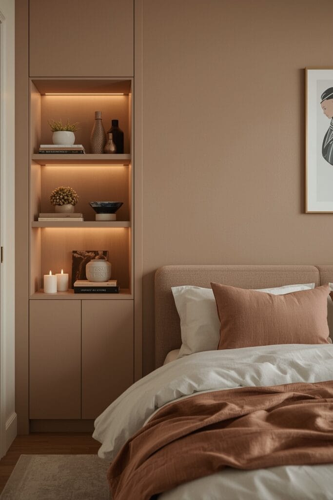 Chambre cocooning avec niches murales éclairées, Tendance Deco chaleureuse et élégante