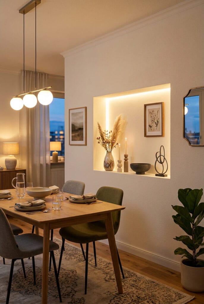 Niches murales décorées avec livres, bougies et objets décoratifs éclairés doucement, tendance deco cosy et originale