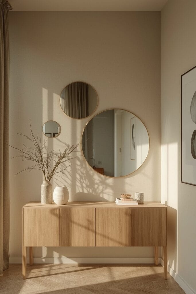 Entrée chaleureuse avec miroirs organiques, Tendance Deco douce et accueillante