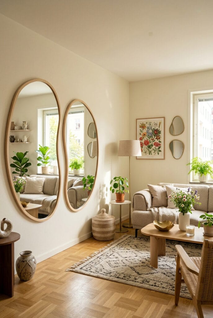 Miroir organique aux formes irrégulières sur un mur de salon lumineux, cadre en bois clair, tendance deco cosy et contemporaine