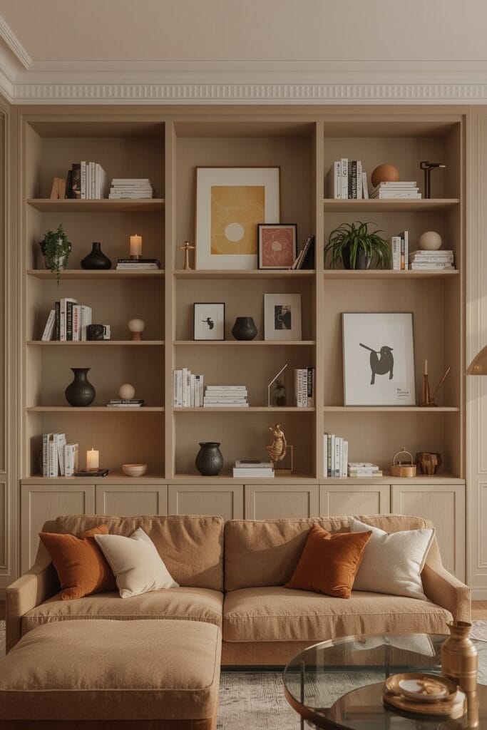 Bibliothèque ouverte décorative et chaleureuse, Tendance Deco cosy pour un salon élégant