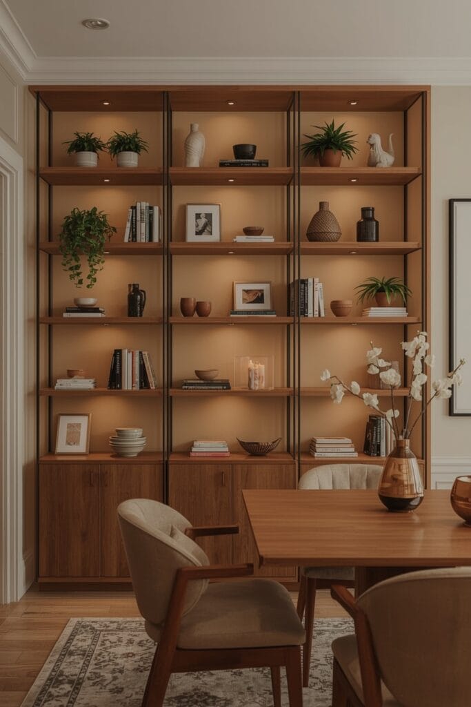 Salle à manger cosy avec bibliothèque ouverte décorée, Tendance Deco chaleureuse