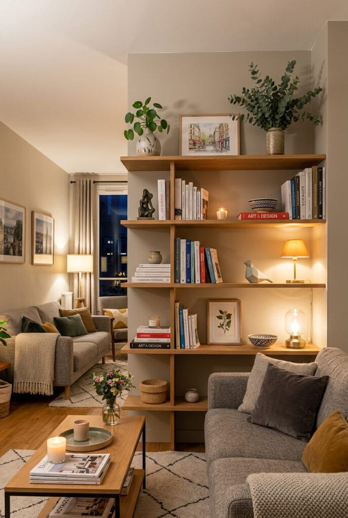 Bibliothèque ouverte stylisée avec livres, plantes, cadres et bougies composés en tableau décoratif, tendance deco cosy et personnalisée